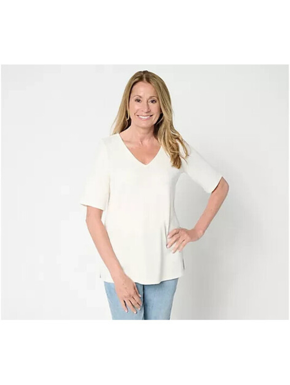 Belle by Kim Gravel Jersey Elbow Sleeve V Neck Top Natural, Small #61T